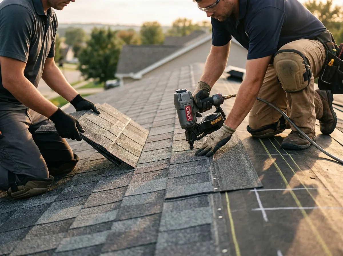 Professional roofer working on a residential roof in Windsor Heights